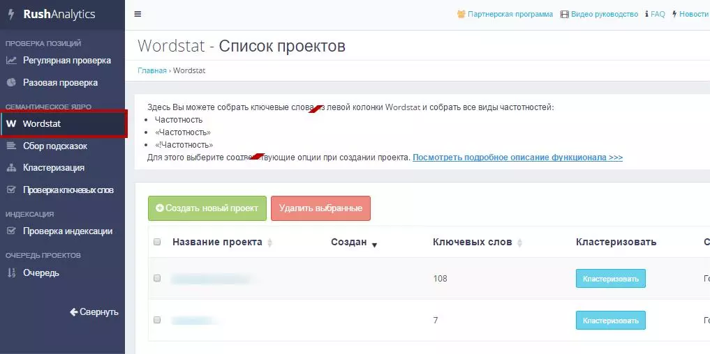 Rush Analytics имеет связь с Wordstat из коробки Rush Analytics