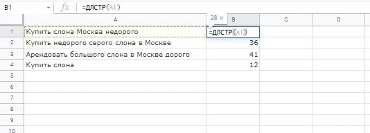 Формула считает количество символов в строке. Чтобы остальные строки посчитались тоже, нужно «захватить» ячейку, где формула уже применена, правой кнопкой мыши и протянуть вниз. Так она применится и в остальных строках Пример формулы в Google Sheets