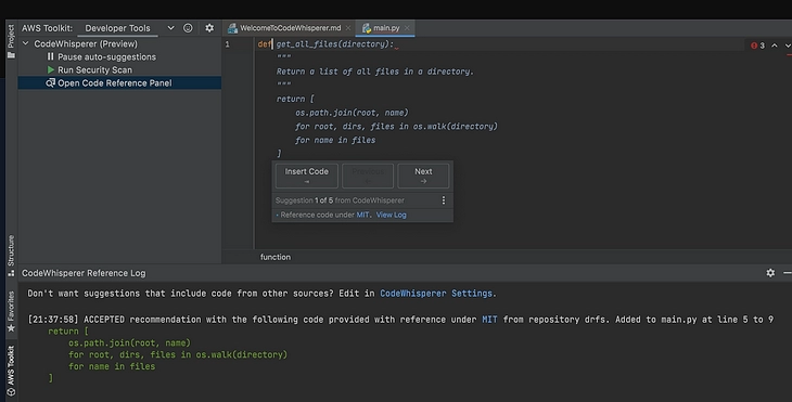 Интерфейс CodeWhisperer CodeWhisperer
