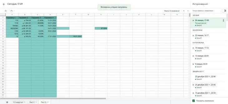 Можно увидеть, когда, кем и какие изменения вносились История изменений таблицы