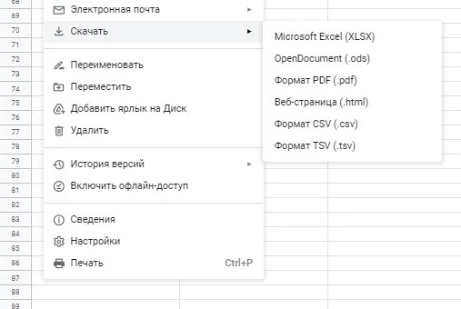 Также можно сохранить таблицу в формате .оds, чтобы открыть в программе Open Document, в виде pdf-файла или веб-страницы Экспорт таблицы